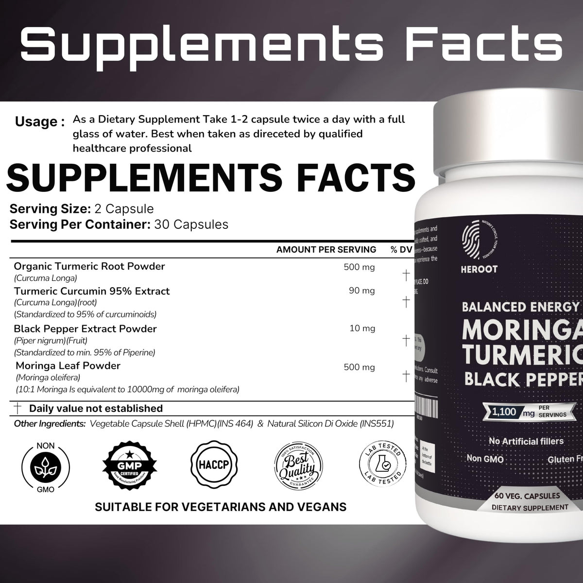 Turmeric with Black Pepper & Moringa 1000 mg, 120 Capsules Q538