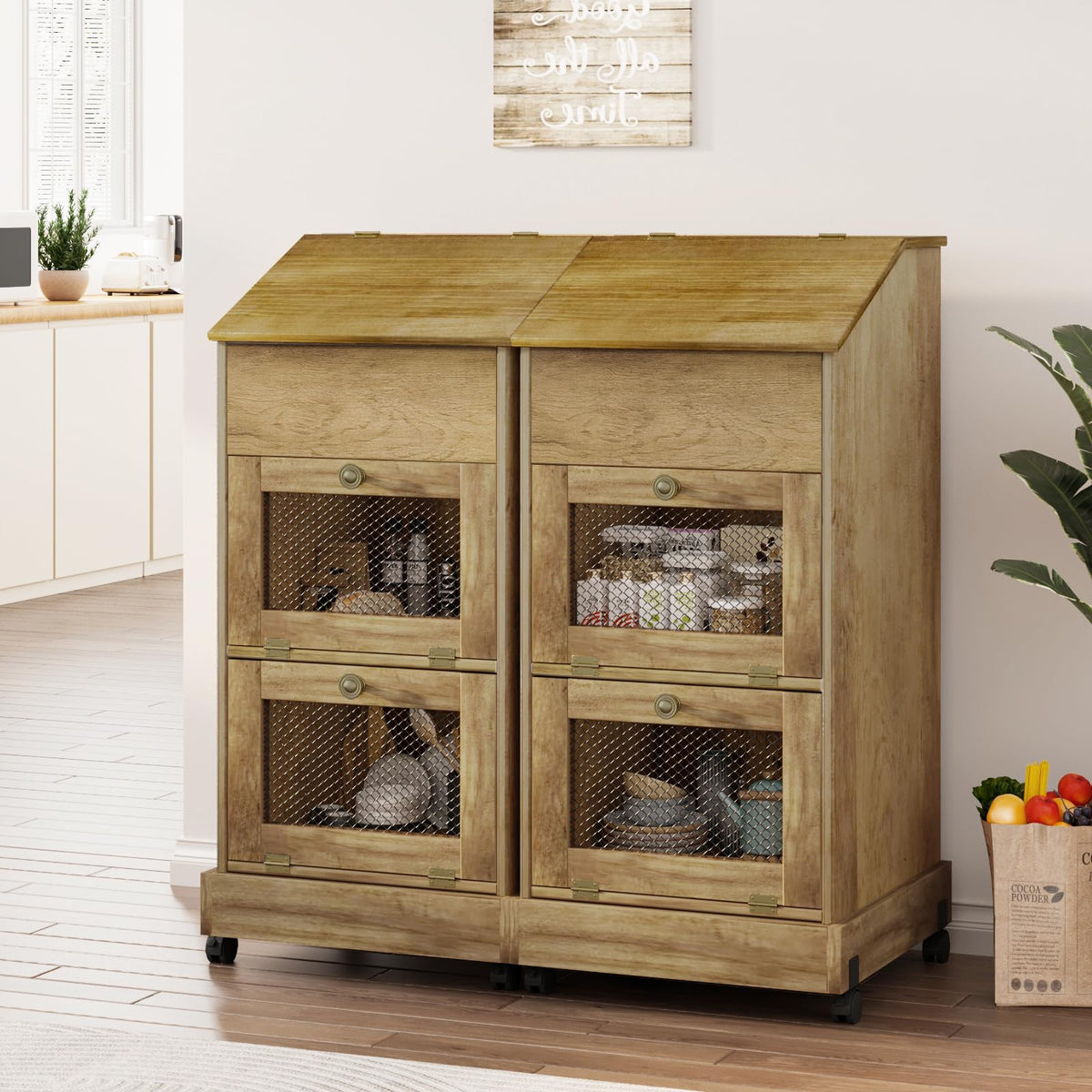 Brown Wooden Potato Storage Bin with Wheel W398