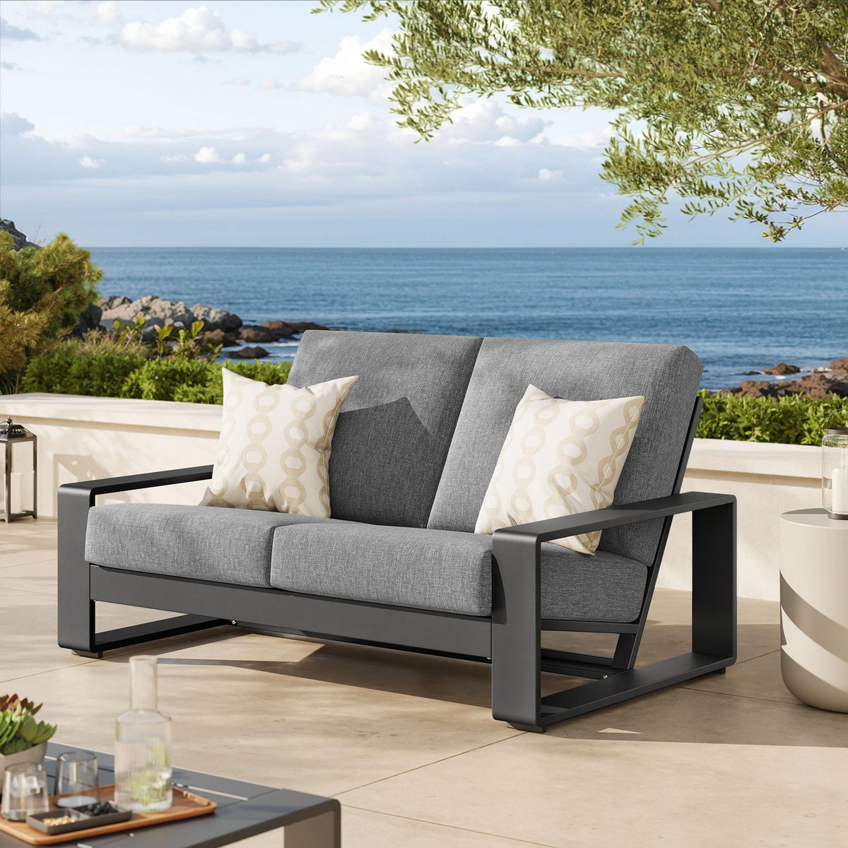 Light Gray Aluminum Outdoor Loveseat with Removable Cushions P7843