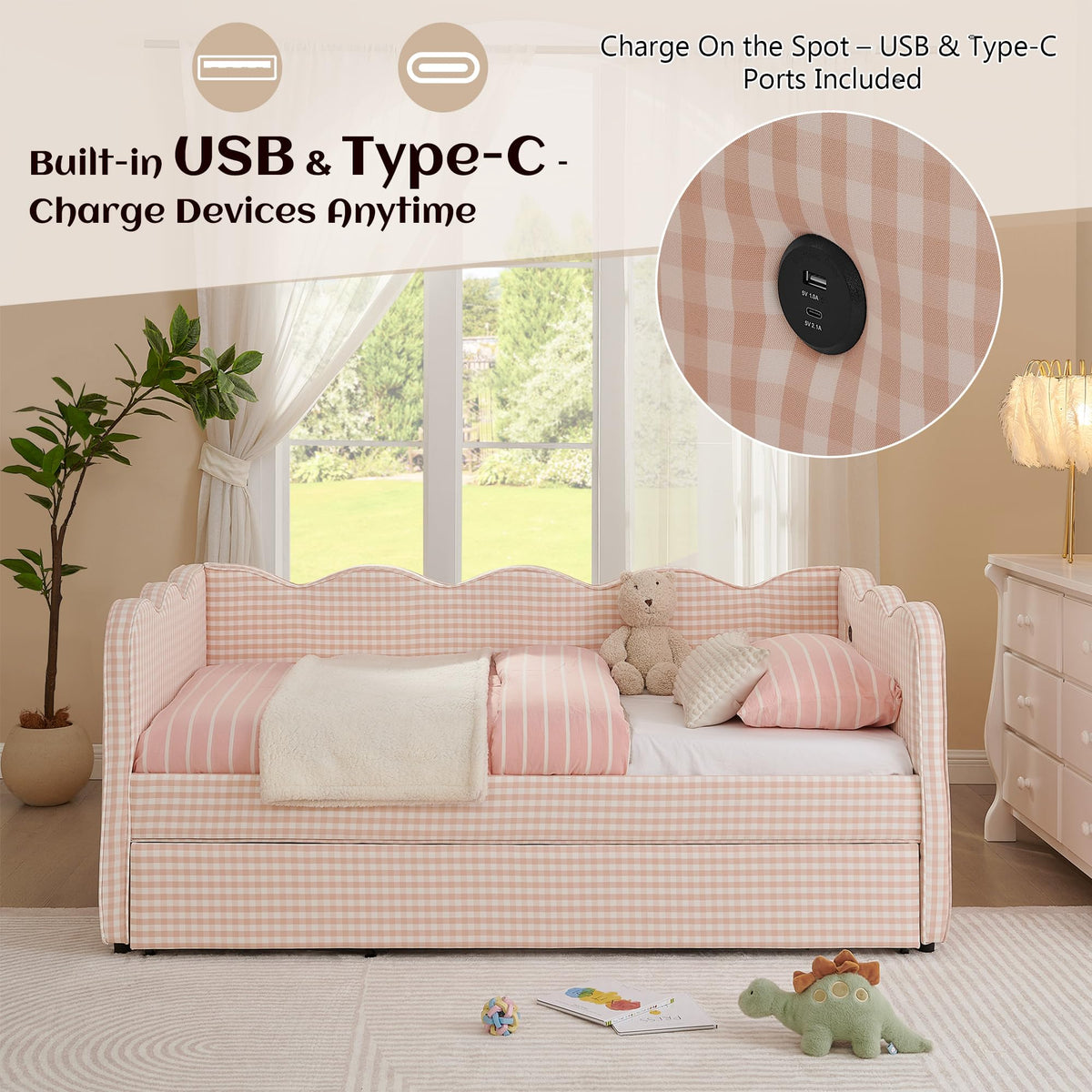 Twin to King Upholstered Daybed with Pop Up Trundle Bed T397