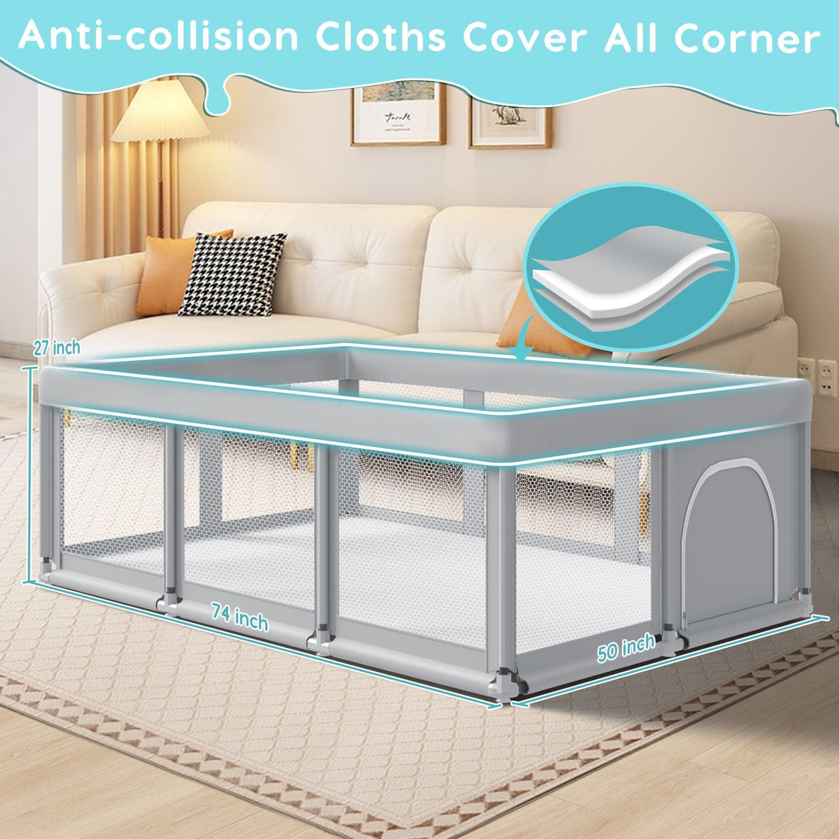 74" ×50" Large Baby Playpen with Soft Breathable Mesh, Grey P651