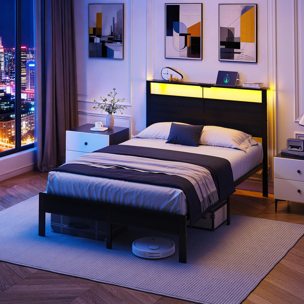 Full Size Metal Bed Frame with Storage Headboard R9224