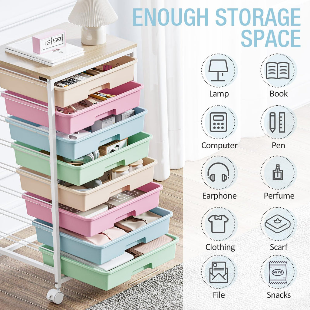 Rolling Storage Cart with 8 Drawers and Wooden Tabletop L86942