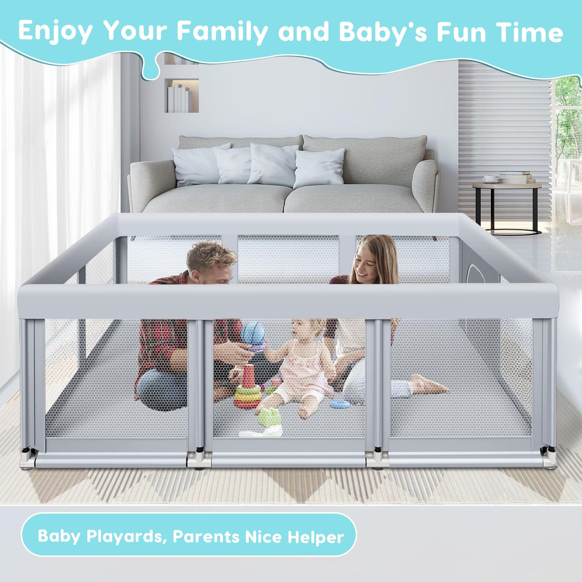 74" ×50" Large Baby Playpen with Soft Breathable Mesh, Grey P651