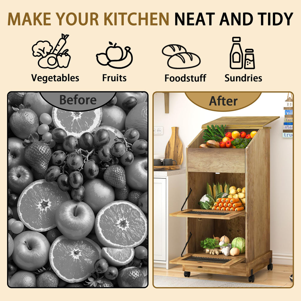 Brown Wooden Potato Storage Bin with Wheel W398