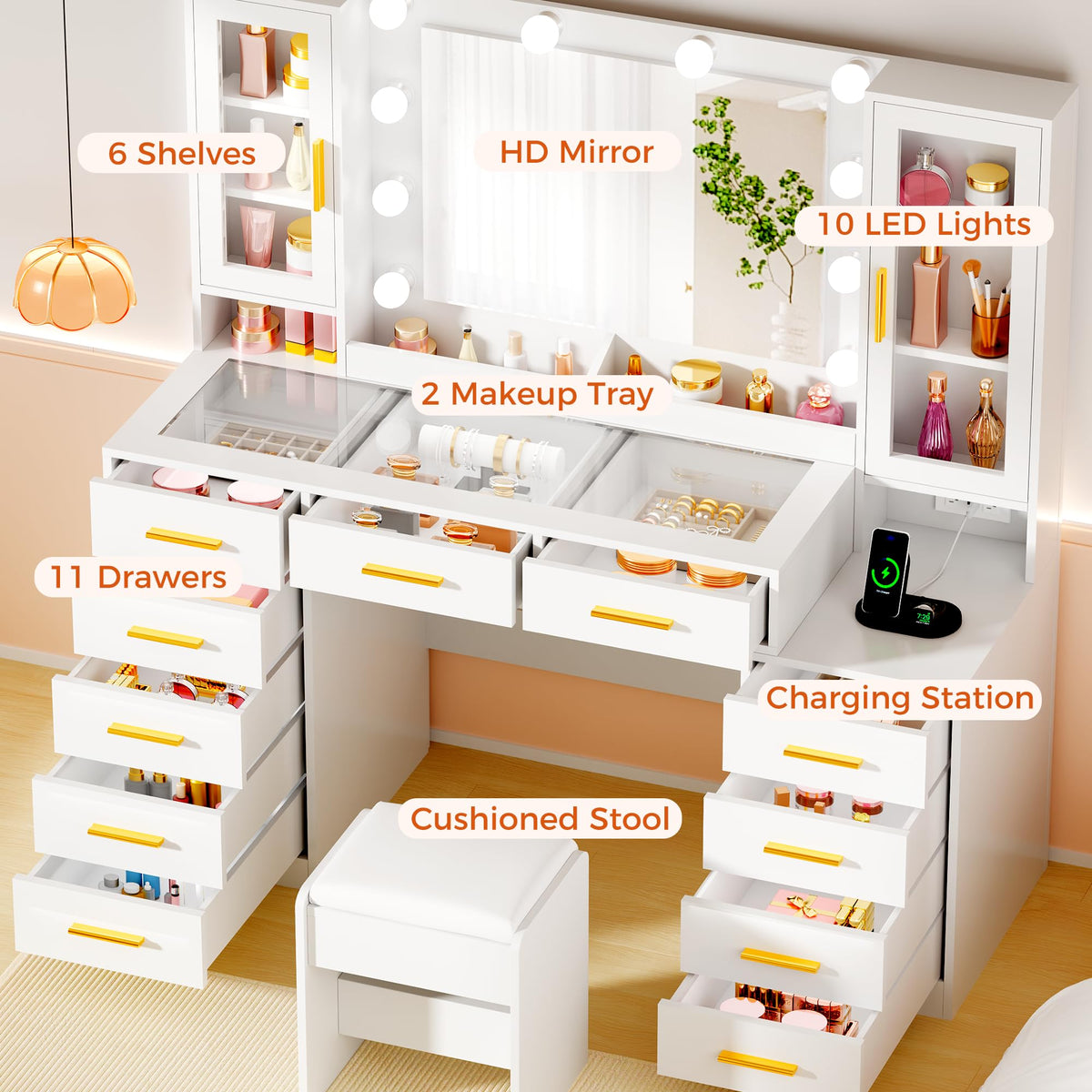 White Glass Top Vanity Desk with Mirror and Lights J5788
