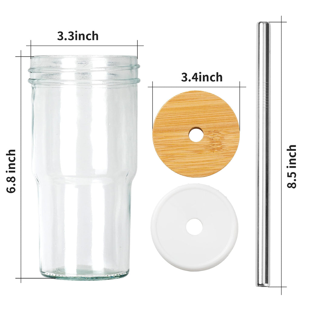 Glass Cups Set of 4 22oz Mason Jar Drinking Glasses with Bamboo Lids & Straws B600