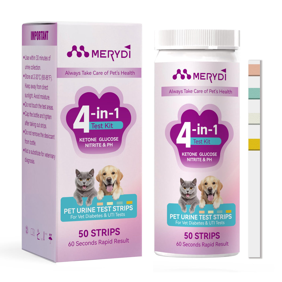 Dog & Cat Urine Test Strips, 4-in-1 Pet Urinalysis Testing Kit Z8358