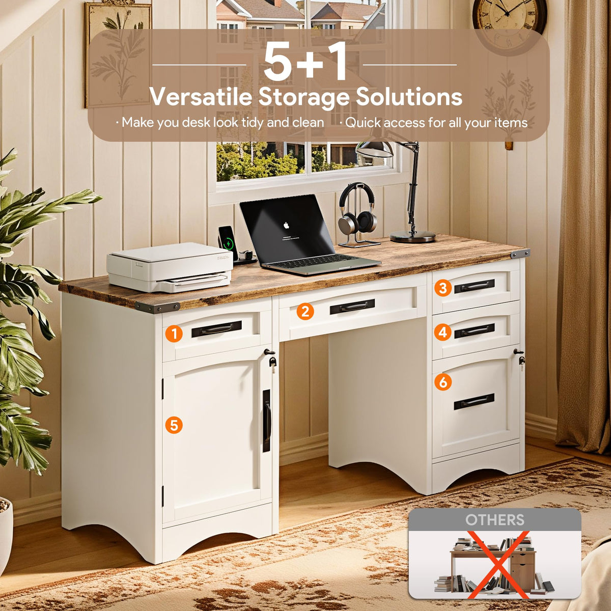 White Wood Executive Desk with Drawers and File Cabinet E414538