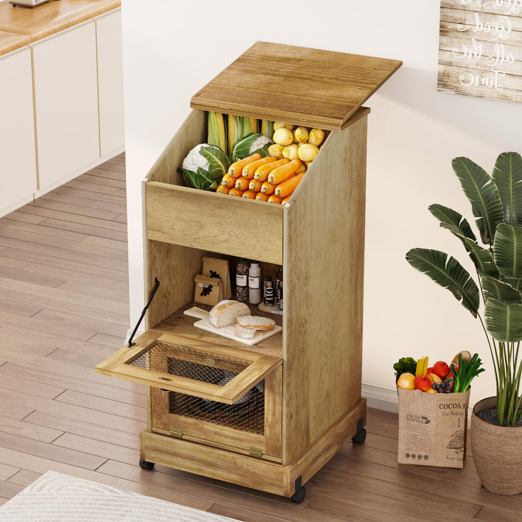 Brown Wooden Potato Storage Bin with Wheel W398