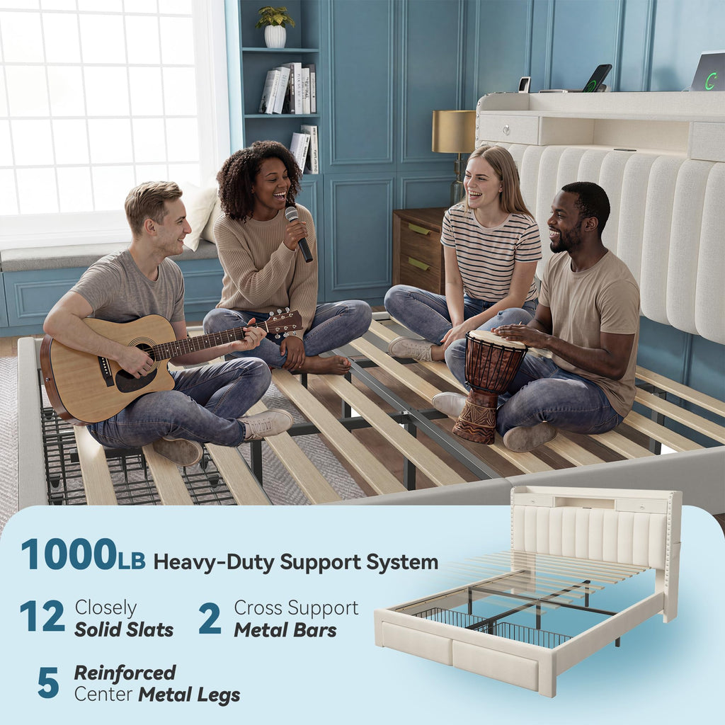 Queen Bed Frame with Storage Headboard & 4 Drawers O1963