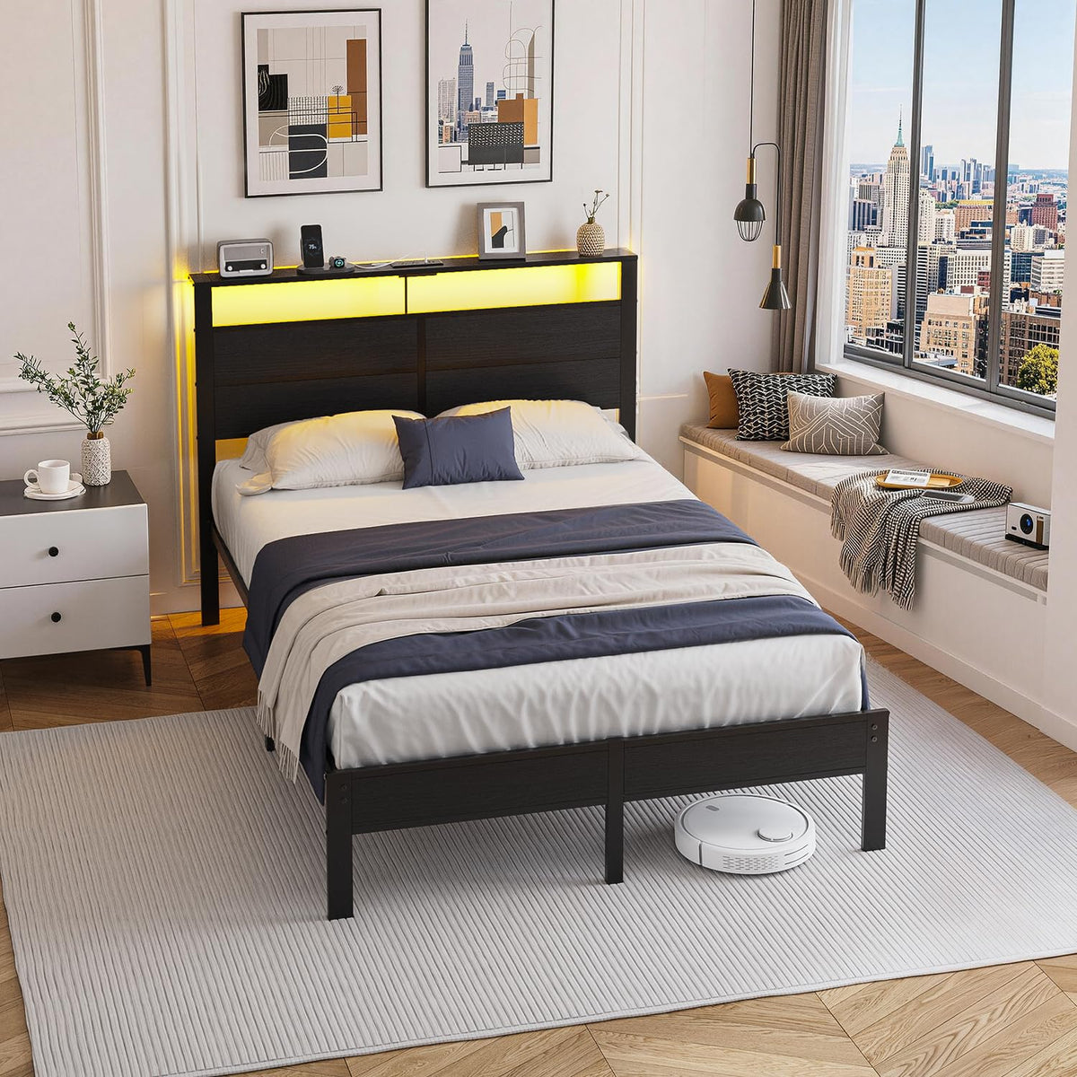 Full Size Metal Bed Frame with Storage Headboard R9224