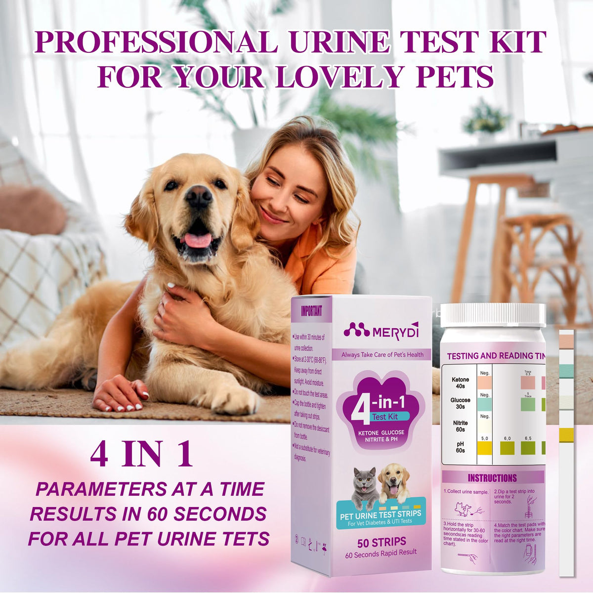 Dog & Cat Urine Test Strips, 4-in-1 Pet Urinalysis Testing Kit Z8358