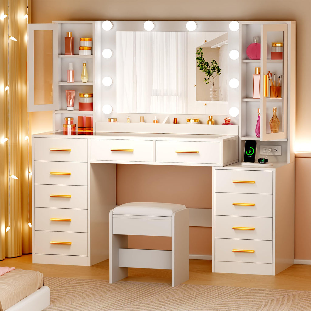 White Glass Top Vanity Desk with Mirror and Lights J5788