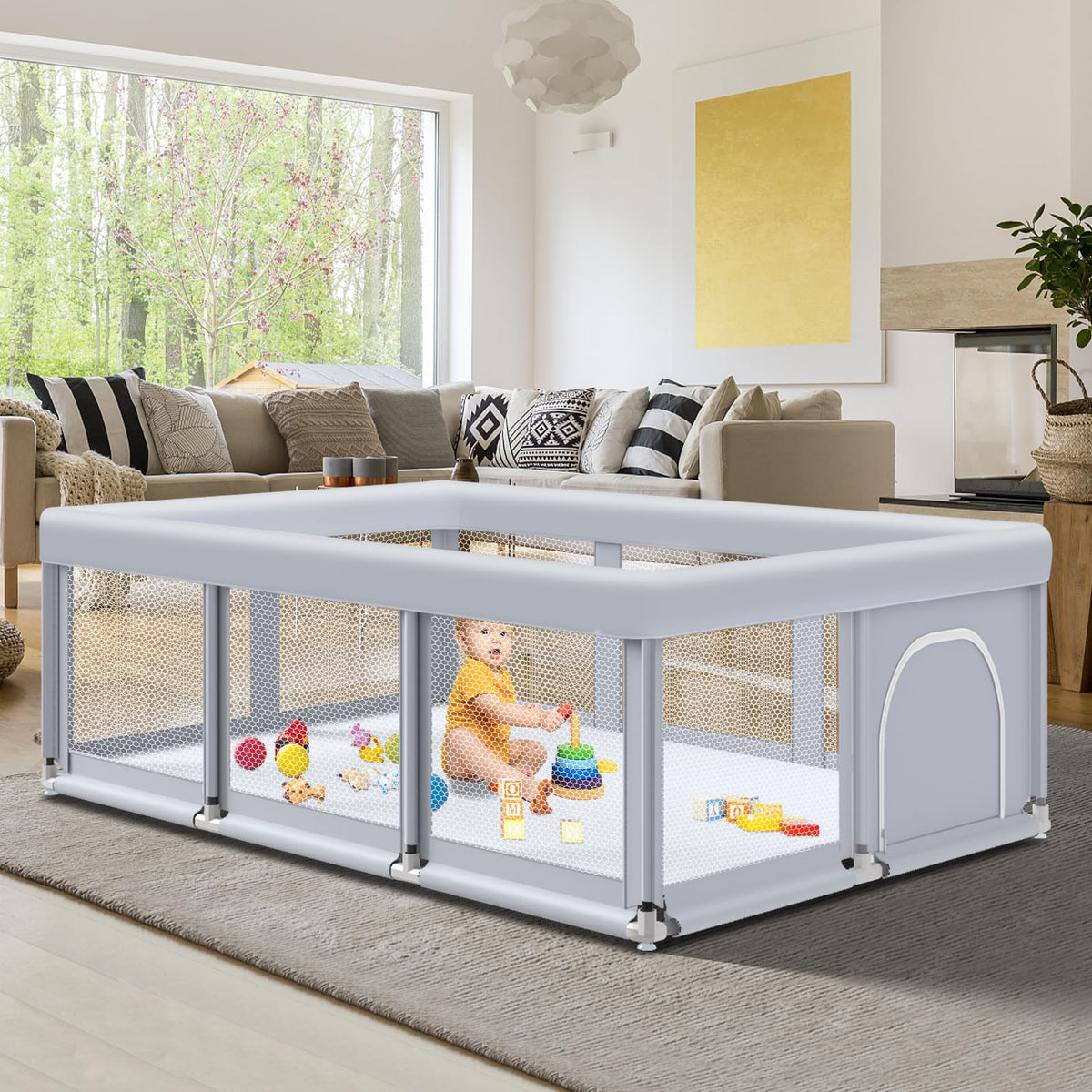 74" ×50" Large Baby Playpen with Soft Breathable Mesh, Grey P651