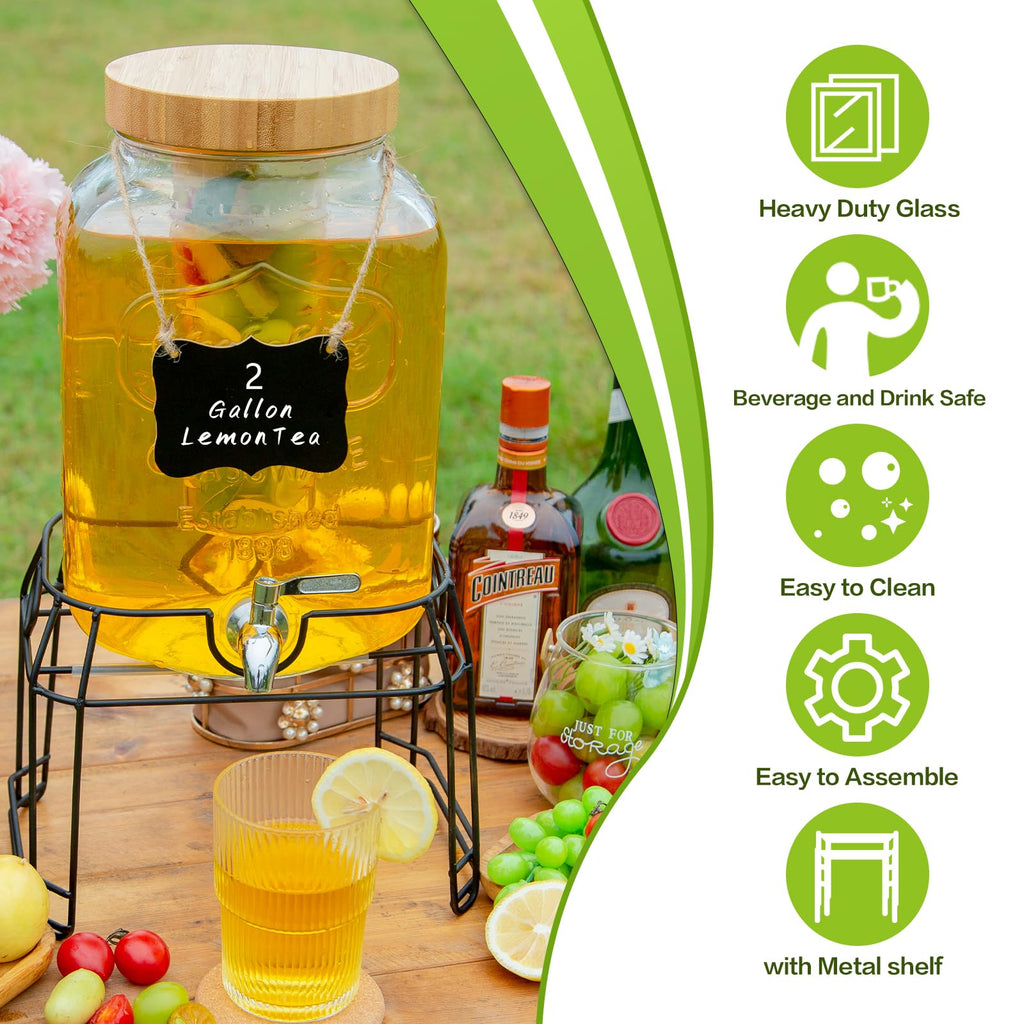 2 Gallon Glass Drink Dispenser with Stand F239