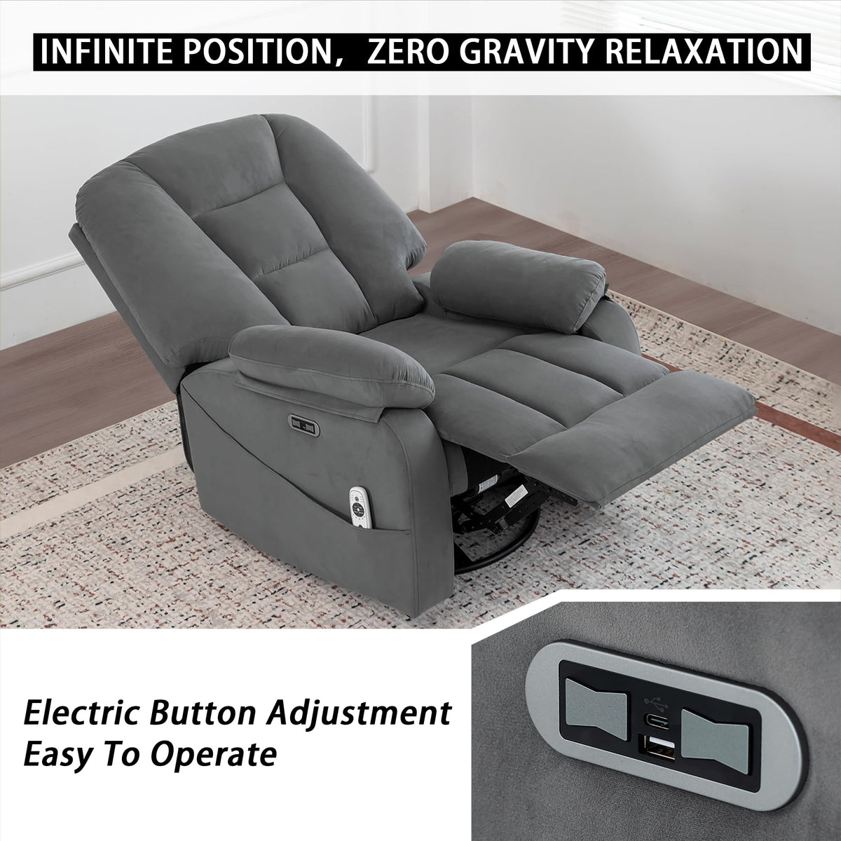 Velvet Grey Power Swivel Rocker Recliner with Massage and Heat X517075