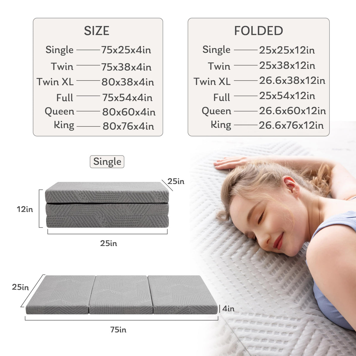 4 Inch Gel Memory Foam Trifold Mattress U575