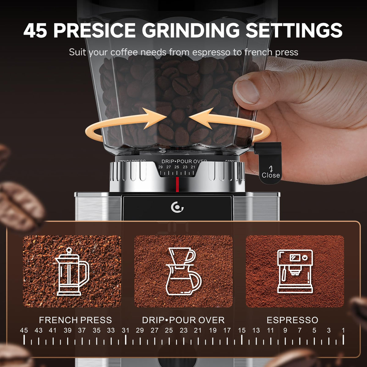 Conical Burr Coffee Grinder with 45 Grind Settings Q251129