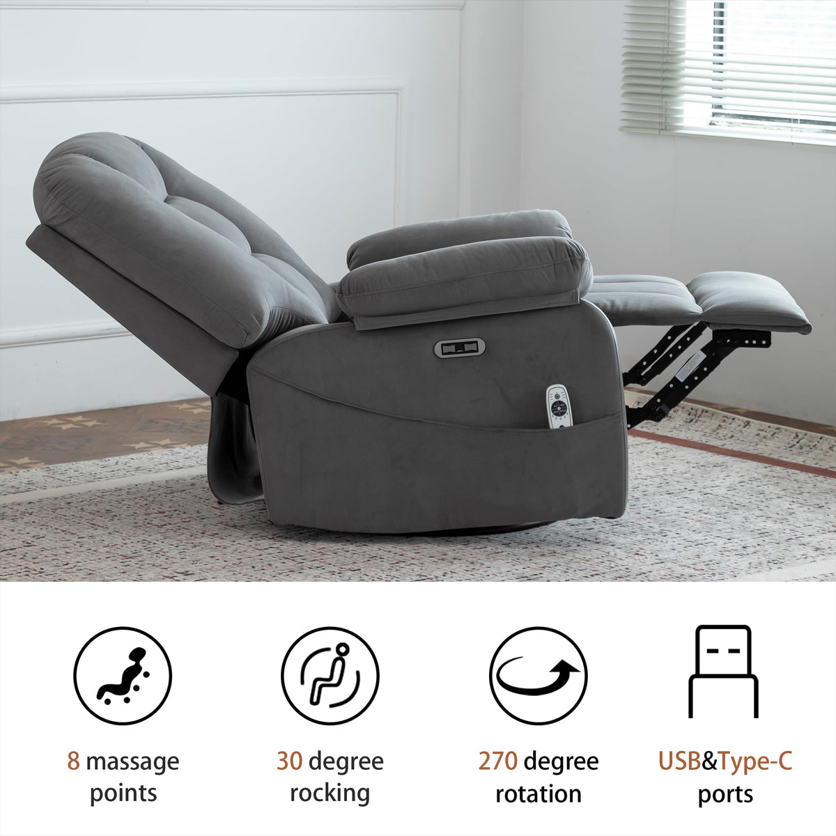 Velvet Grey Power Swivel Rocker Recliner with Massage and Heat X517075