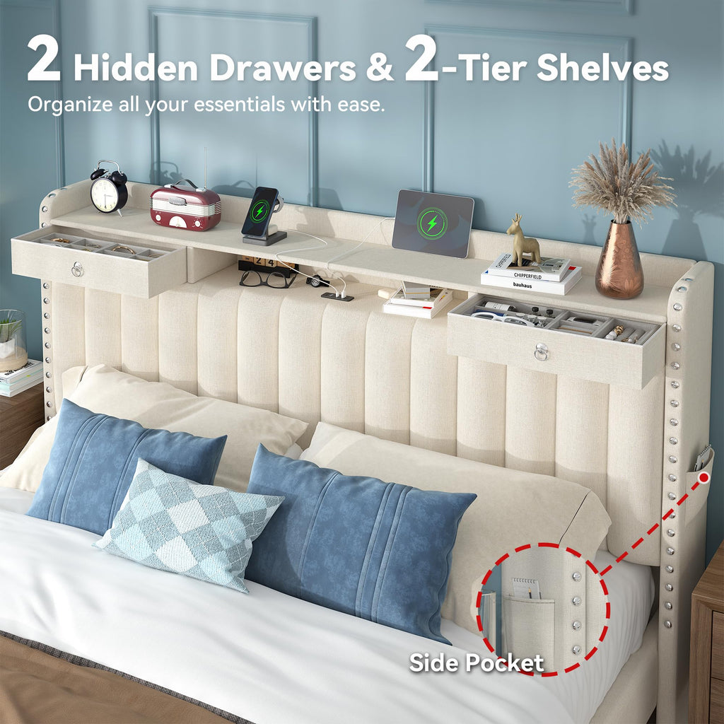 Queen Bed Frame with Storage Headboard & 4 Drawers O1963