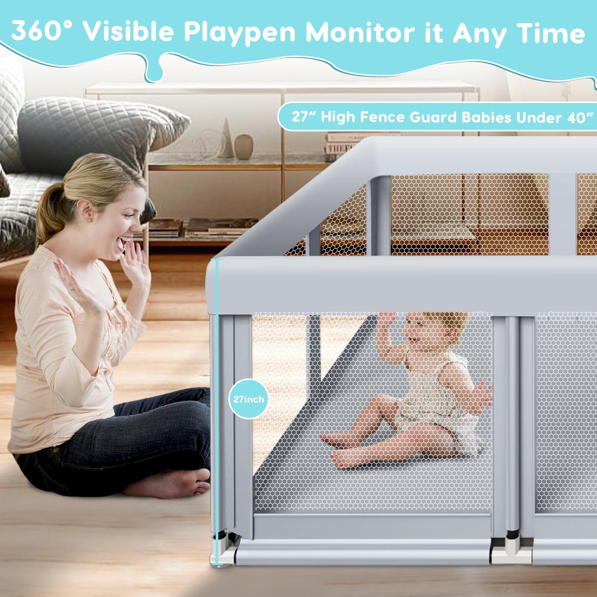 74" ×50" Large Baby Playpen with Soft Breathable Mesh, Grey P651