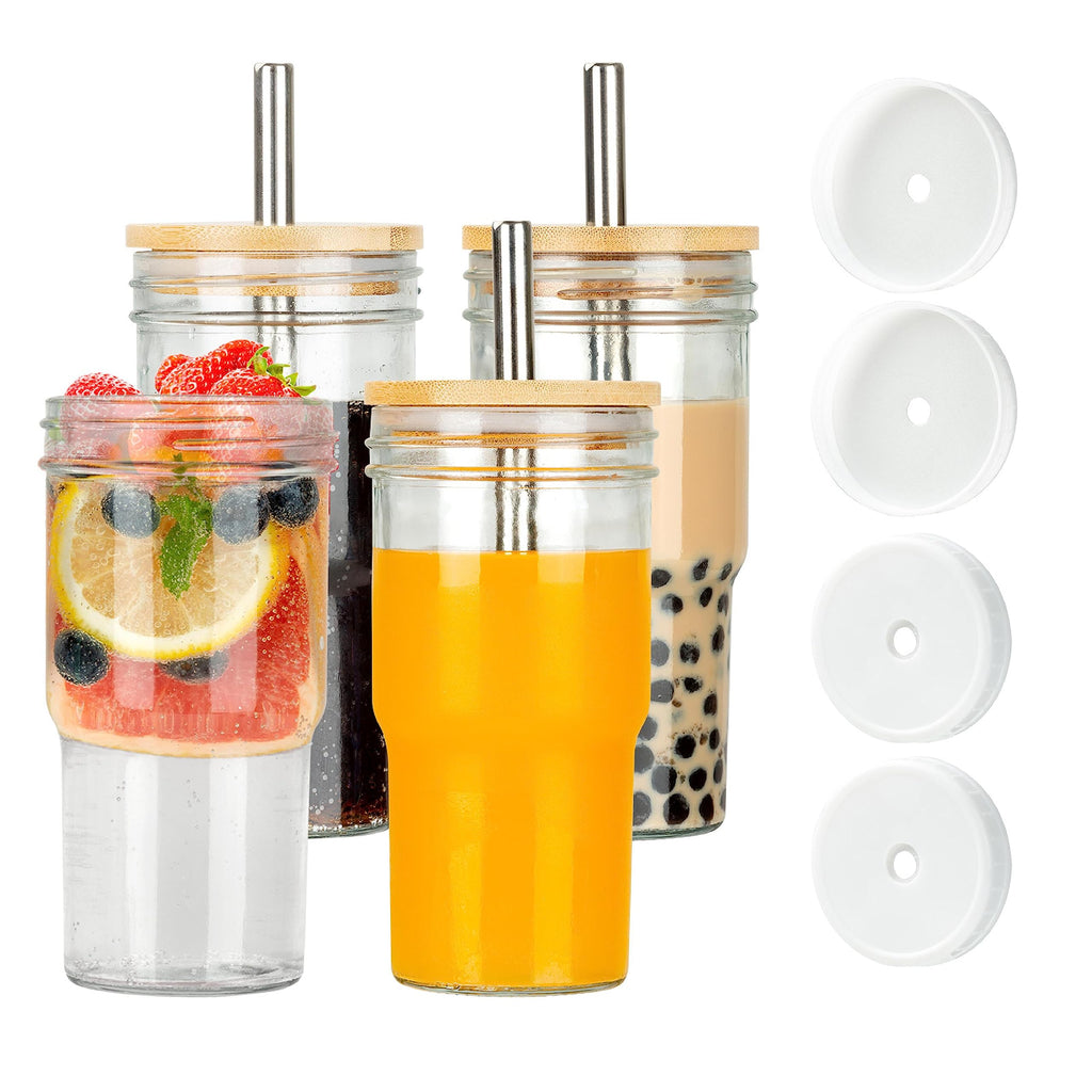 Glass Cups Set of 4 22oz Mason Jar Drinking Glasses with Bamboo Lids & Straws B600