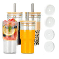 Glass Cups Set of 4 22oz Mason Jar Drinking Glasses with Bamboo Lids & Straws B600