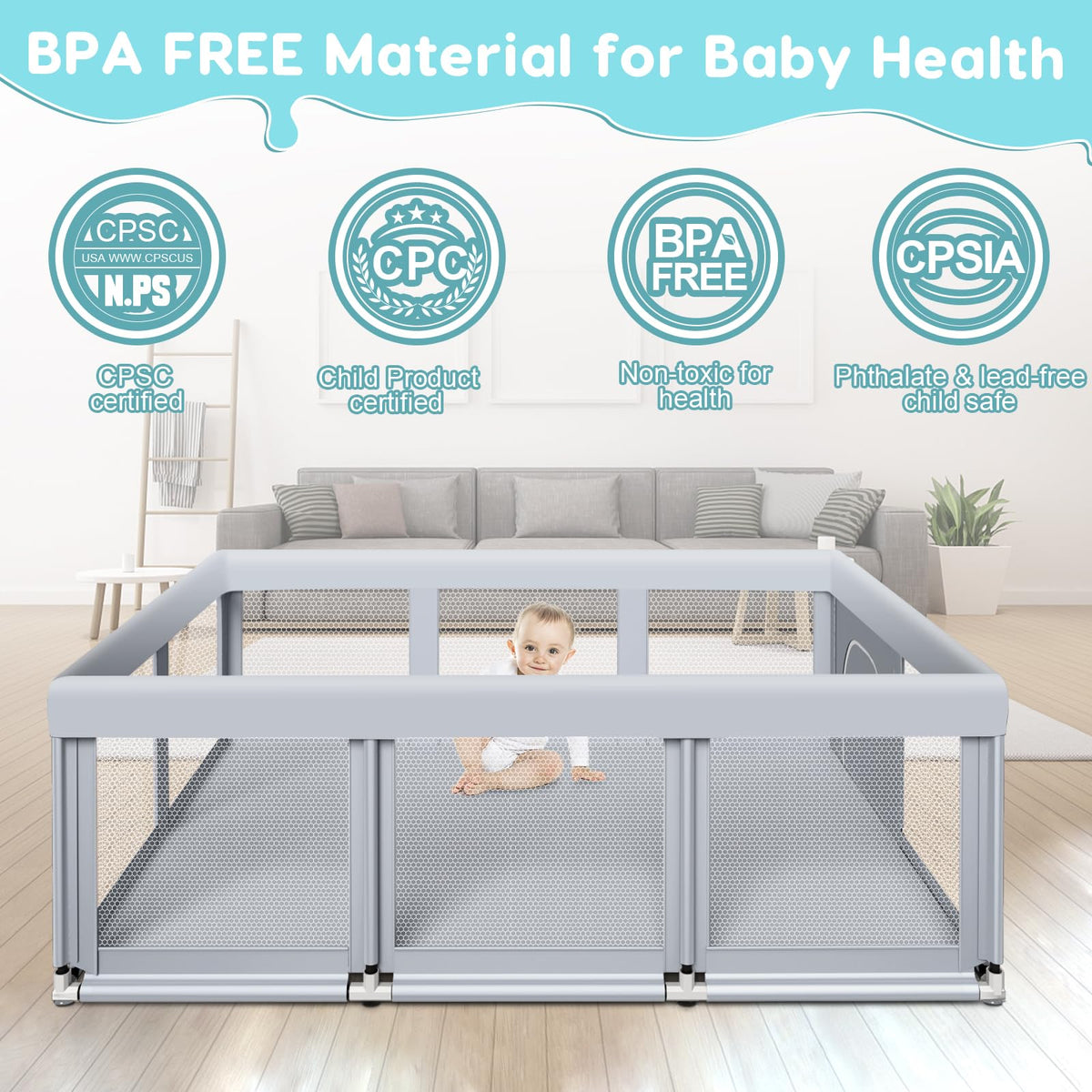 74" ×50" Large Baby Playpen with Soft Breathable Mesh, Grey P651