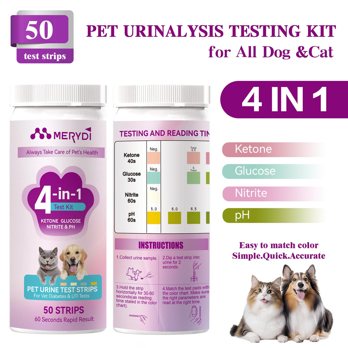 Dog & Cat Urine Test Strips, 4-in-1 Pet Urinalysis Testing Kit Z8358