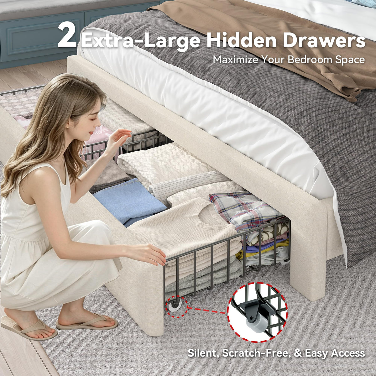 Queen Bed Frame with Storage Headboard & 4 Drawers O1963