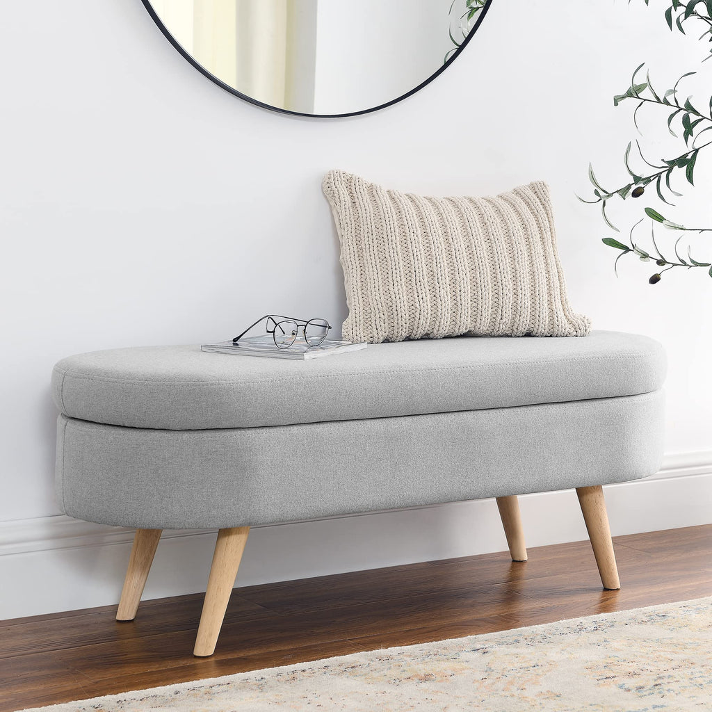 Oval Linen Upholstered Storage Bench with Rubber Wood Legs K7614