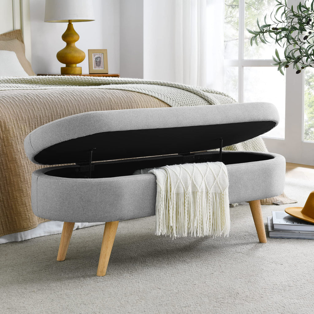 Oval Linen Upholstered Storage Bench with Rubber Wood Legs K7614