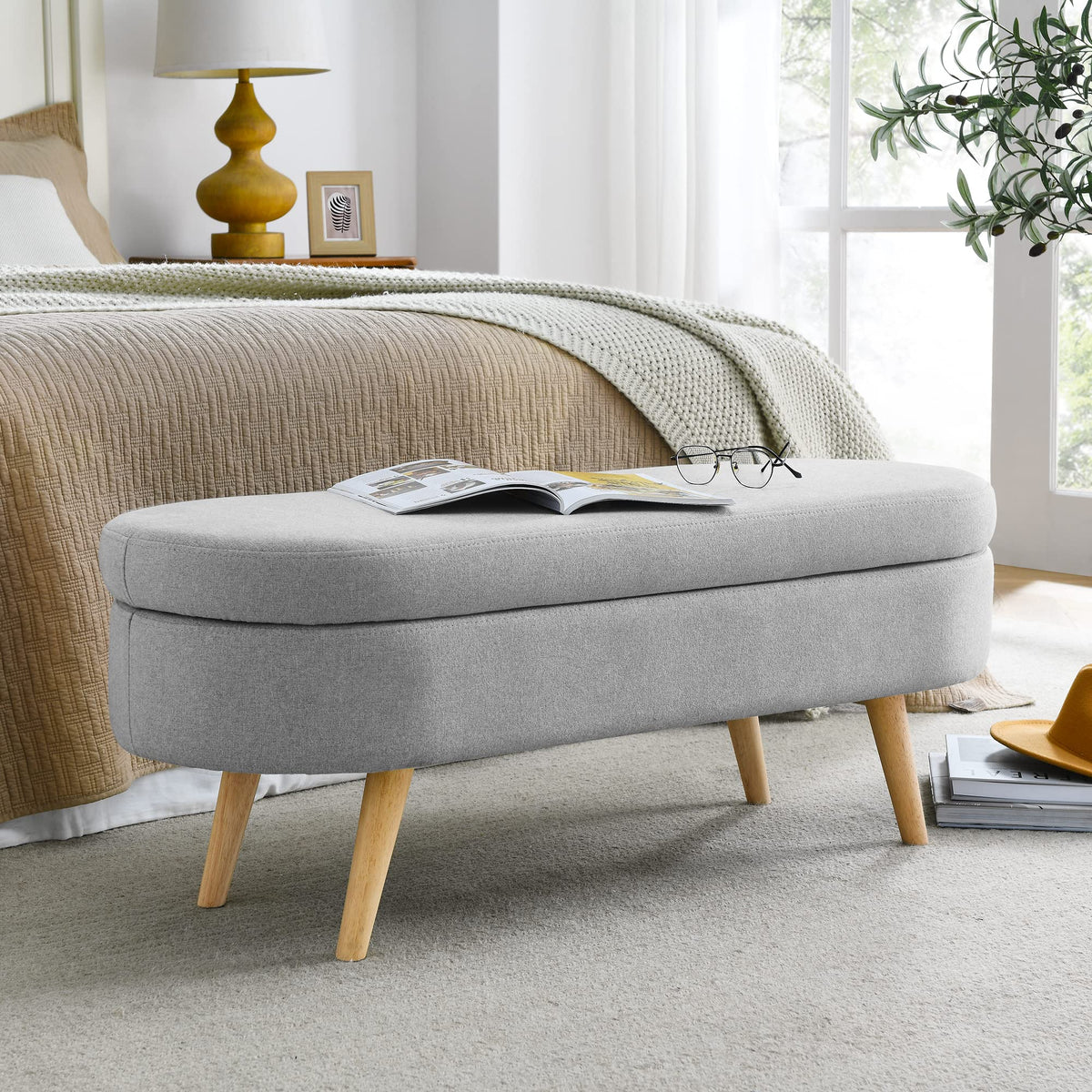 Oval Linen Upholstered Storage Bench with Rubber Wood Legs K7614