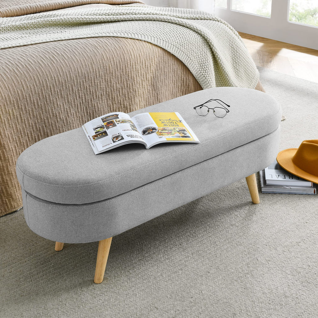 Oval Linen Upholstered Storage Bench with Rubber Wood Legs K7614