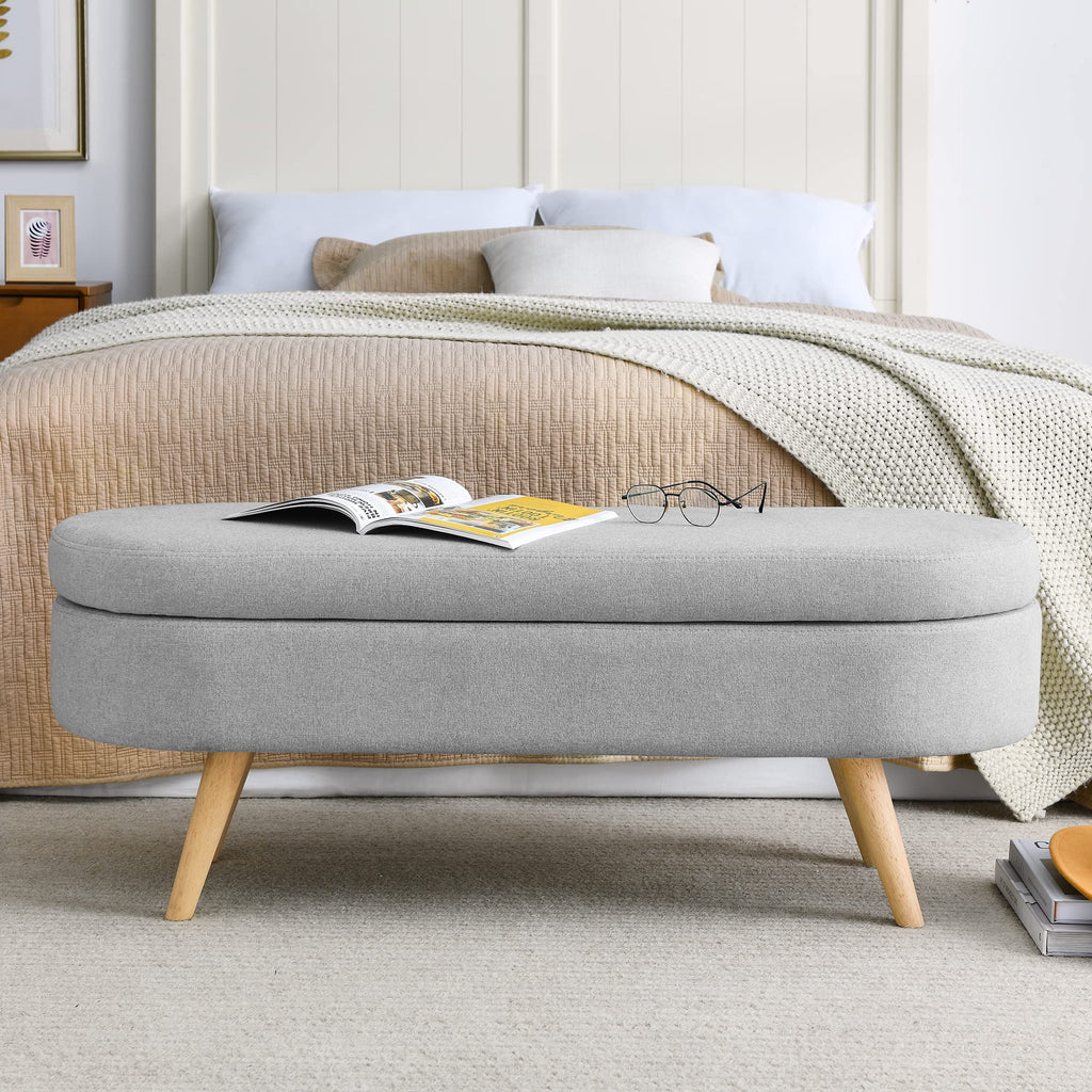Oval Linen Upholstered Storage Bench with Rubber Wood Legs K7614
